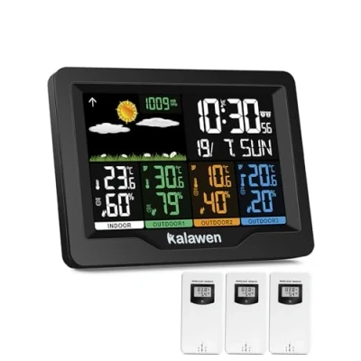 Abbildung von Kalawen Wetterstation mit 3 Außensensoren Innen und Außen Multifunktionale Funkwetterstation Farbdisplay Digital Thermometer Hygrometer DCF Funkuhr Weather Station für Zuhause Büro Hausgarten