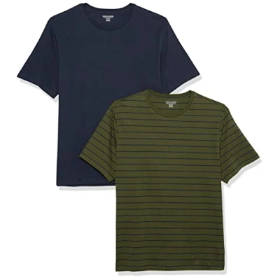 Abbildung von Amazon Essentials Herren T Shirt mit kurzen Ärmeln und Rundhalsausschnitt in schmaler Passform, 2er Pack, Marineblau/Olivgrün Streifen, L