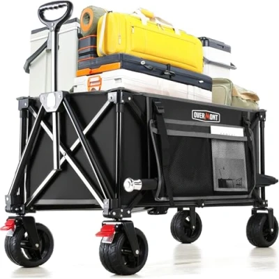 Abbildung von Overmont Faltbar Alle Gelände Bollerwagen 8,1CM Breite Räder 150I großes Fassungsvermögen mit Seitentaschen Getränkehalter Verstellbarem Griff bis 150 kg Tragkraft für Camping Sport Einkaufen