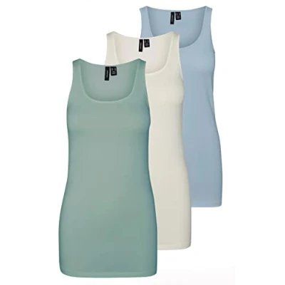 Abbildung von VERO MODA Damen VMMAXI My Soft Long Tank TOP GA 3P, Jadeite/Blue Fog &amp; Snow White, L