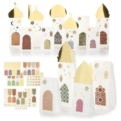 Abbildung von CraftWerk Ramadan Kalender zum Befüllen 30 Geschenktüten mit Aufklebern und Dächern Aufstellen Dekorieren Eid Mubarak DIY Bastel Set für Kinder Erwachsene