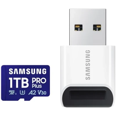 Abbildung von Samsung PRO Plus (2024) microSD Karte + USB Kartenleser, 1 TB, UHS I U3, Full HD &amp; 4K UHD, 180 MB/s Lesen, 130 Schreiben, Speicherkarte für Smartphone, Action Cam, Handheld Konsole, MB MD1T0SB/WW