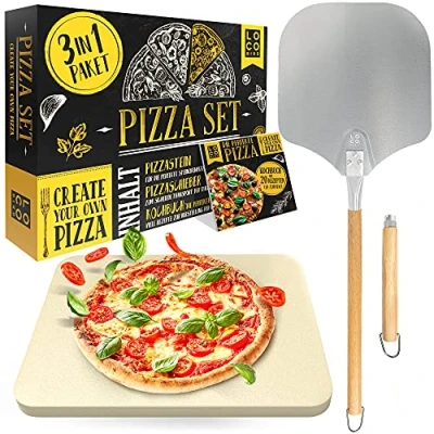 Abbildung von Loco Bird Pizzastein für Backofen &amp; Gasgrill inkl. Pizzasschieber 3er Set rechteckig aus Cordierit knusprigen Pizzaboden wie vom Italiener, Pizzaschieber und Rezeptbuch