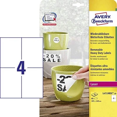 Abbildung von AVERY Zweckform L4719REV 20 Wetterfeste Folienetiketten (80 Aufkleber, 105x148mm auf A4, selbstklebend, wasserfest, wiederablösbar, strapazierfähig, bedruckbare Outdoor Klebefolie) Blatt, weiß