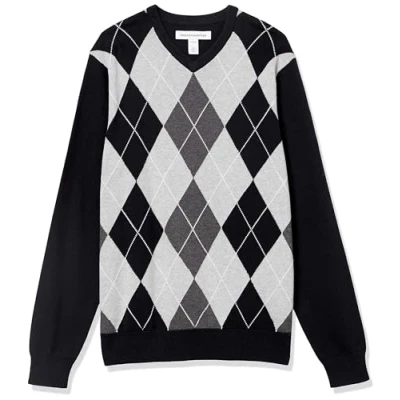 Abbildung von Amazon Essentials Herren Pullover mit V Ausschnitt (in Übergröße erhältlich), Schwarz Rauten, S