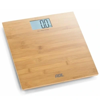 Abbildung von ADE Digitale Personenwaage BE 925 Martina. Elektronische Badezimmerwaage Mit Wiegefläche aus echtem Bambus. Zur genauen Gewichtsbestimmung bis 150 kg. großem Display. Inklusive Batterie. Braun