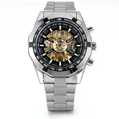 Abbildung von JewelryWe Herren Armbanduhr, Analog Quarz, Fashion Business Casual Handaufzug mechanische Uhr mit Edelstahl Armband, Schwarz Bezel Skelett Zifferblatt