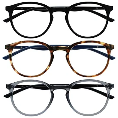 Abbildung von OPULIZE Met Lesebrille Blaulichtfilter 3er Pack Schlank Runder Rahmen Federscharniere Verbessert Schlaf Computer Gaming Entspiegelt Schwarz Braun Grau Herren Damen BBB60 127 +1.00