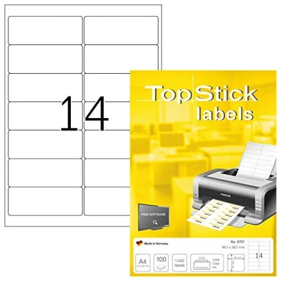 Abbildung von TopStick 8757 Adressetiketten, 100 Blatt, 99,1 x 38,1 mm, 14 pro A4 Bogen, 1400 Stück, selbstklebend, bedruckbar, matt, blanko Papier Adressaufkleber Etiketten, weiß