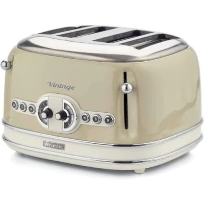 Abbildung von Ariete Vintage 156, 4 Scheiben Toaster, Retro Toaster mit 6 Toaststufen, Automatischer Auswurf, Auftaufunktion, Herausnehmbares Krümelfach, Gehäuse aus Edelstahl, 1600W, Beige