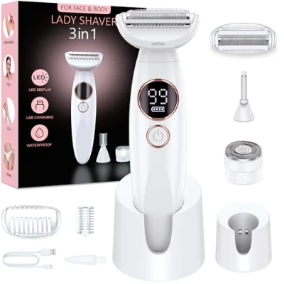 Abbildung von Rasierer Damen,3 In 1 Intimrasierer für Frauen,Gesichtshaarentferner Frauen,Damenrasierer Elektrisch Nass Trockenrasierer Ipx7 Wasserdicht Trimmer Damen,für Bikinizone Achseln Beine,USB Aufladung