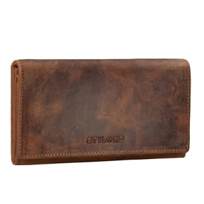Abbildung von STILORD &#039;Marquesa&#039; Geldbörse für Damen, Leder, RFID Schutz, NFC, Tasche, Geldbörse, Vintage, große Geschenkbox, echtes Aneto braun, L,