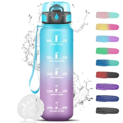 Abbildung von Trinkflasche, Wasserflasche 1l, Trinkflasche Sport mit Filter, Leicht zu Reinigen, für Kohlensäurehaltige Getränke, Uhrzeit, Fitness, Wandern, Camping