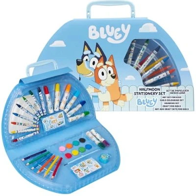Abbildung von BlueY Malkoffer für Kinder Malset mit Buntstifte Wachsmalstifte Wasserfarben Künstlerbedarf Malkasten Geschenke (Blaues Halbmond Gehäuse)