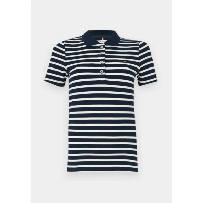 Abbildung von Tommy Hilfiger Damen Poloshirt Kurzarm 1985 Pique Slim Fit, Mehrfarbig (Dark Night Navy/Ecru STP), L