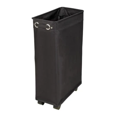 Abbildung von WENKO Wäschesammler Mod. Corno Schwarz, schmaler Wäschekorb mit vier leichtgängigen Rollen, Wäschetruhe aus 100% Polyester, Fassungsvermögen 43 L, (B x H T): 18,5 60 40 cm