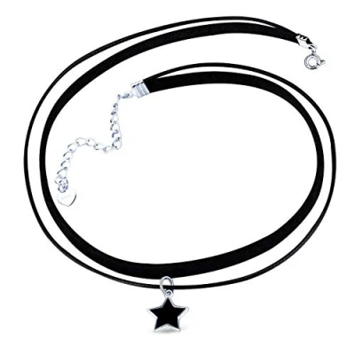 Abbildung von Yumilok Frauen Damen Mädchen Choker Doppel Kette Halskette mit Stern Anhänger Halsband Schwarz Seil Leder