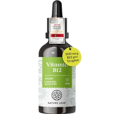 Abbildung von NATURE LOVE® Vitamin B12 Tropfen Vegan (900 Tropfen, 50ml flüssig). duo aktiv: Methyl &amp; Adenosylcobalamin. Hoch bioverfügbar, laborgeprüft, ohne Zusätze, in Deutschland produziert