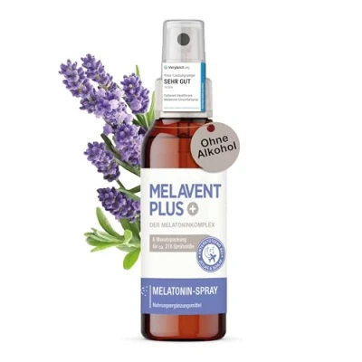Abbildung von Melatonin Einschlaf Spray hochdosiert 0,5 mg pro Tagesdosis mit Pflanzenextrakten Melavent PLUS 6 Monatsvorrat