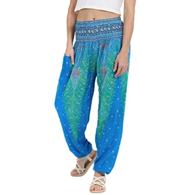 Abbildung von Lofbaz Damen Haremshose Yogahose Pumphose Hippie Hose Boho Kleidung Festival Outfit Sommerhose Leicht Sommer Hosen Peacock 1 Hellblau XL