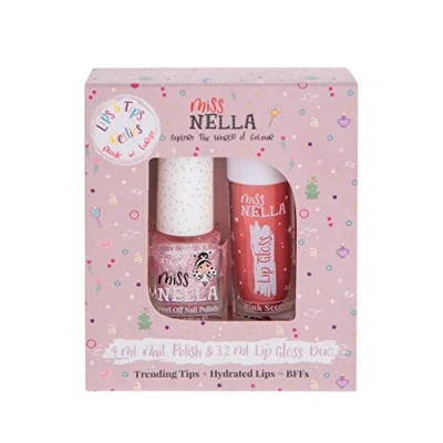 Abbildung von Miss Nella Pink Secret Lips &amp; Tips duo duftender Lipgloss + glitzernder Nagellack für Kinder mit abziehbarer, wasserbasierter und geruchsfreier Formel