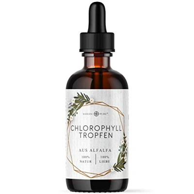 Abbildung von Nordic Pure Chlorophyll flüssig aus Luzerne 100 ml flüssiges von 200 mg pro Tagesdosis Tropfen als Alternative zu Tabletten