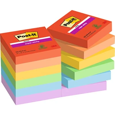 Abbildung von Post it Super Sticky Notes Playful Collection, Packung mit 12 Blöcken, 90 Blatt pro Block, 47, 6 mm x mm, Rot, Orange, Gelb, Grün, Blau, Lila Extra stark klebende Notizzettel