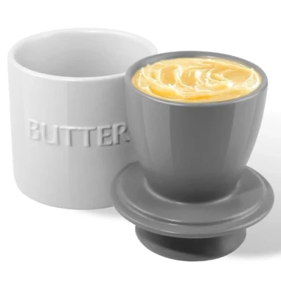 Abbildung von QIAMO Keramik Butterdose, Französische Butterdose mit Deckel, Butterglocke aus Porzellan, Grau Wasserlinie, für weiche Butter (weiß)