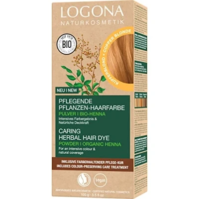 Abbildung von LOGONA Naturkosmetik Pflegende pflanzliche Haarfarbe, Veganes Haarfarbe Pulver mit Bio Henna für intensive Farbe und Glanz, Pflanzenhaarfarbe in Kupferblond (Blond), 1 x 100g