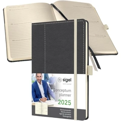 Abbildung von SIGEL C2557 Terminplaner Wochenkalender 2025, Lederoptik, ca. A5, dunkelgrau/weiß, Hardcover, 192 Seiten, Gummiband, Stiftschlaufe, Archivtasche, aus nachhaltigem Papier, Conceptum