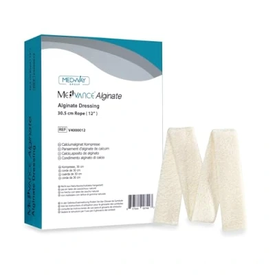 Abbildung von MedVanceTM Alginat Calciumalginat Kompresse, 30 cm Seil, Packung mit 5 Verbänden.