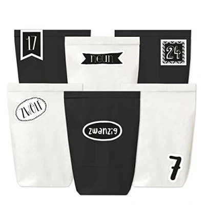 Abbildung von Papierdrachen Adventskalender zum Befüllen 24 Papiertüten in schwarz und weiß sowie Zahlenaufkleber (silhouettierte Zahlen) Selbermachen Mini Set 158 Weihnachten