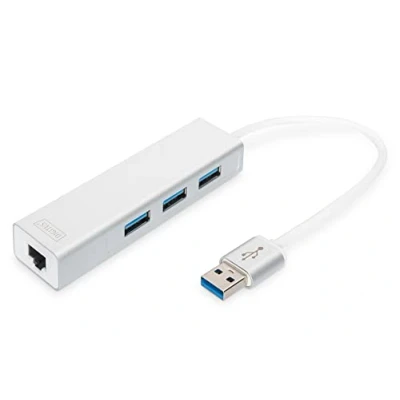 Abbildung von DIGITUS USB Hub 3 Ports RJ45 Ethernet Anschluss Super Speed 3.0 5 GBit/s Gigabit LAN Aluminium Gehäuse