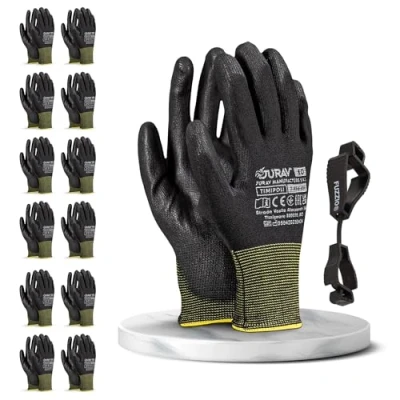 Abbildung von FUZZIO 12 Paar Arbeitshandschuhe Herren Gr 8, Mechaniker Handschuhe, Gartenhandschuhe Herren, Damen, Montagehandschuhe, Polyurethan Beschichtung mit Handschuhclip