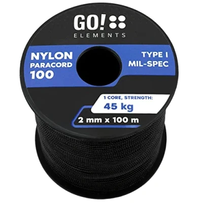 Abbildung von GO!elements 100m Paracord 2mm Seil aus reißfester Nylonschnur 100 Typ I Survival Schnur Reißfest bis 45kg geeignet als Allzweckseil, Reepschnur, Kordel, Maurerschnur, Farbe: Schwarz
