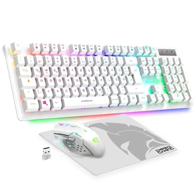 Abbildung von EMPIRE Gaming Armor RF800 Wireless Wiederaufladbare Tastatur und Maus Set QWERTZ (DE Layout) 2,4GHz RGB 4800 DPI mit Mauspad PC PS4 PS5 Xbox One/Serie Mac Weiß