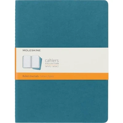 Abbildung von Moleskine, Cahier Journal, Set mit 3 Notizbüchern linierten Seiten, Kartonumschlag und sichtbaren Baumwollstichen, Blau, Sehr großes Format 19 x 25 cm, 120 Seiten