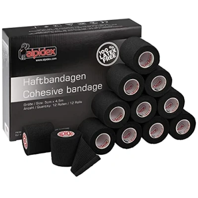 Abbildung von ALPIDEX 12 Rollen Haftbandage 5 cm x 4.5 m Selbstklebender Verband Pet Bandagen Fixierband Sport Vet Wrap Tape Selbsthaftend, Farbe:schwarz