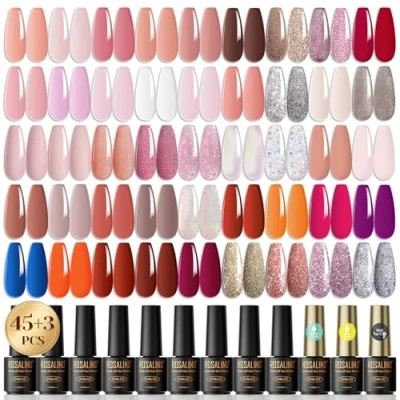 Abbildung von ROSALIND UV Nagellack Set, 48 Stück Mini Gel Shellac Rosa Weiß Nackt Transparent Rot Jelly Glitzer Farbgel Gelnägel für Nagelstudio Design Starter Maniküre Geschenkset