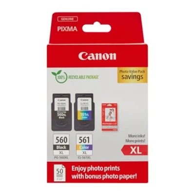 Abbildung von Canon Tinte &amp; Papier Multipack PG 560XL/CL 561XL Original Drucker Tintenpatronen 2er Pack (1 x Schwarz XL, 1 Farbe XL druckerpatronen) 4x6 Fotopapier (50 Blatt)