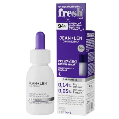 Abbildung von Jean &amp; Len Renewing Booster Serum, ideal für jeden Hauttyp, steigert die Elastizität Spannkraft der Haut, mit Pro Retinol* und Retinal Extrakt**, parfümfrei, vegan, 30 ml
