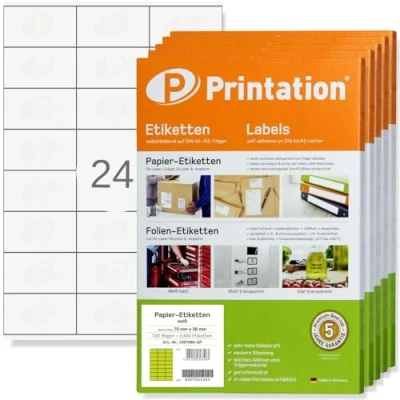 Abbildung von Printation Etiketten 12000 Stk. 70 x 36 mm Internetmarke weiß 70x36 Aufkleber selbstklebend zum bedrucken auf 500 DIN A4 Bogen 3x8 24 Adressetiketten Klebeetiketten 3475 3490 6122 4453 la131 la132