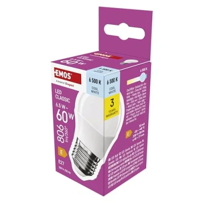 Abbildung von EMOS LED Lampe Mini Globe, 6,5W Ersatz für 60W Glühbirne, kleine Birne mit E27 Sockel, Helligkeit 806 lm, Kaltweiß 6500 K, 30000 h Lebensdauer, CRI min. 80, 150 Abstrahlwinkel