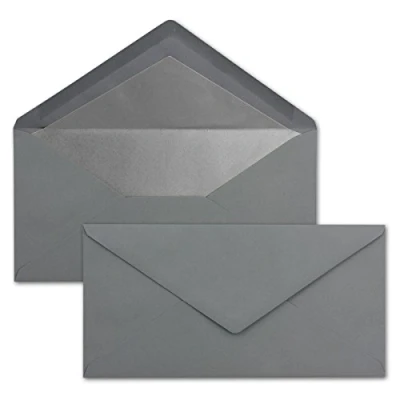 Abbildung von 25 Brief Umschläge DIN Lang Graphit/Dunkel Grau mit Silber Metallic Innen Futter 110 x 220 mm Nassklebung festliche Kuverts für Weihnachten