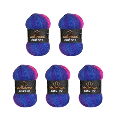 Abbildung von 5 x 100g Wollbiene Batik Fine 500 Gramm Wolle mit Farbverlauf mehrfarbig Multicolor Strickwolle Häkelwolle (1530 lila blau neonpink)