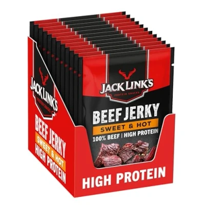 Abbildung von Jack Links Beef Jerky Sweet &amp; Hot 12er Pack (12 x 25g) Trockenfleisch Eiweiß Snacks High Protein Snack für Gym, Fitness, Outdoor American Food Menschen Dörrfleisch Chips aus Rind Fleisch