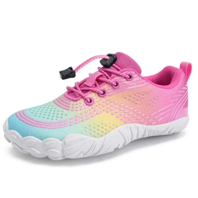 Abbildung von Barfußschuhe Wasserschuhe Kinder Jungen Mädchen Aqua Schwimmen Nass Riff Schuhe für Strand Pool Wasser Sport Non Slip Schnell Trocknen(Regenbogen 32)