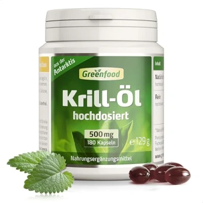 Abbildung von Greenfood Krill Öl, 500 mg, 180 Kapseln, hochdosiert reich an EPA und DHA für Herz, Sehkraft Gehirn. Ohne künstliche Zusätze. Gentechnik. Softgel Kapseln.