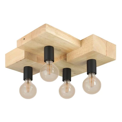 Abbildung von EGLO Deckenleuchte "HALKIN Deckenlampe, Holz und Stahl, E27, Wohnzimmerlampe, Flurlampe" E27 1 Stk. Halkin braun, schwarz 4X40W L:40 H:14 cm