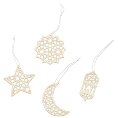 Abbildung von Papierdrachen 12 Holz Anhänger zu Ramadan Dekoration Eid Mubarak Deko Zuckerfest zum Aufhängen naturbraun 7x7cm 4 Verschiedene Designs je 3X